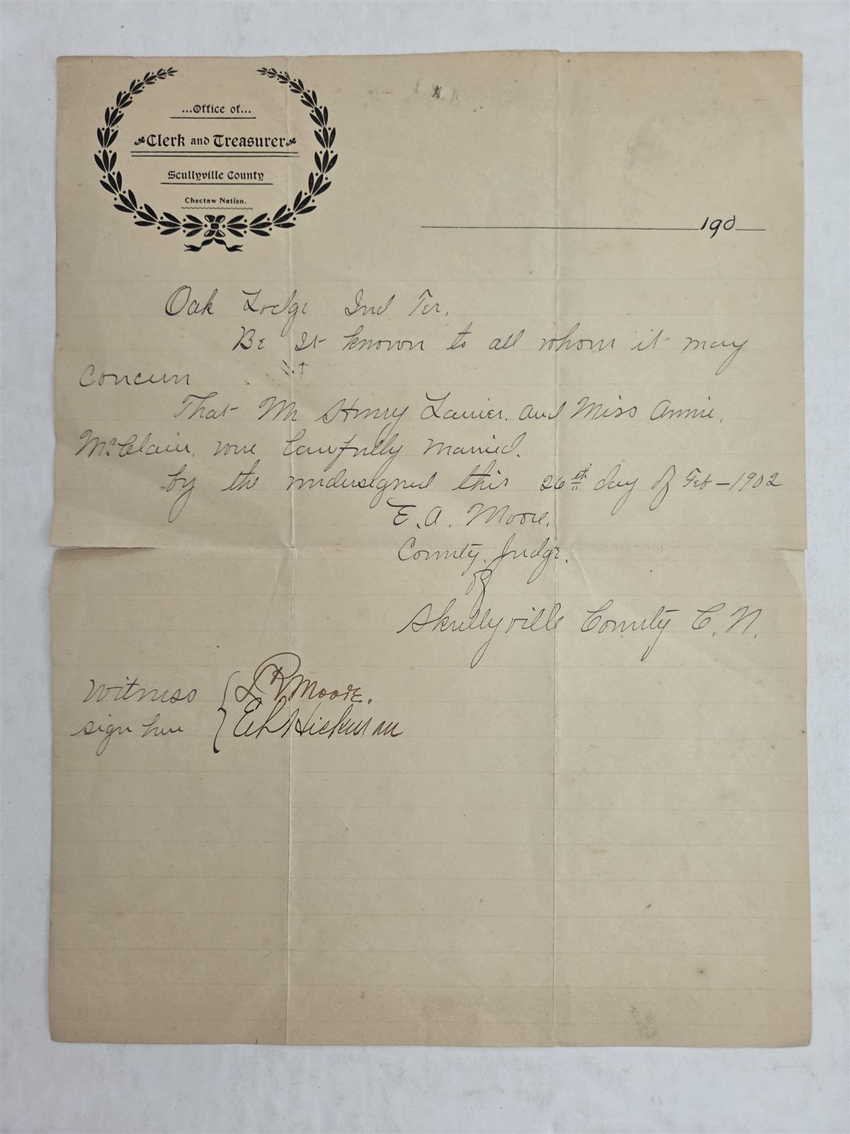 1902 antique CHOCTAW NATION scullyville indian territory LANIER/McCLAIN marriage
