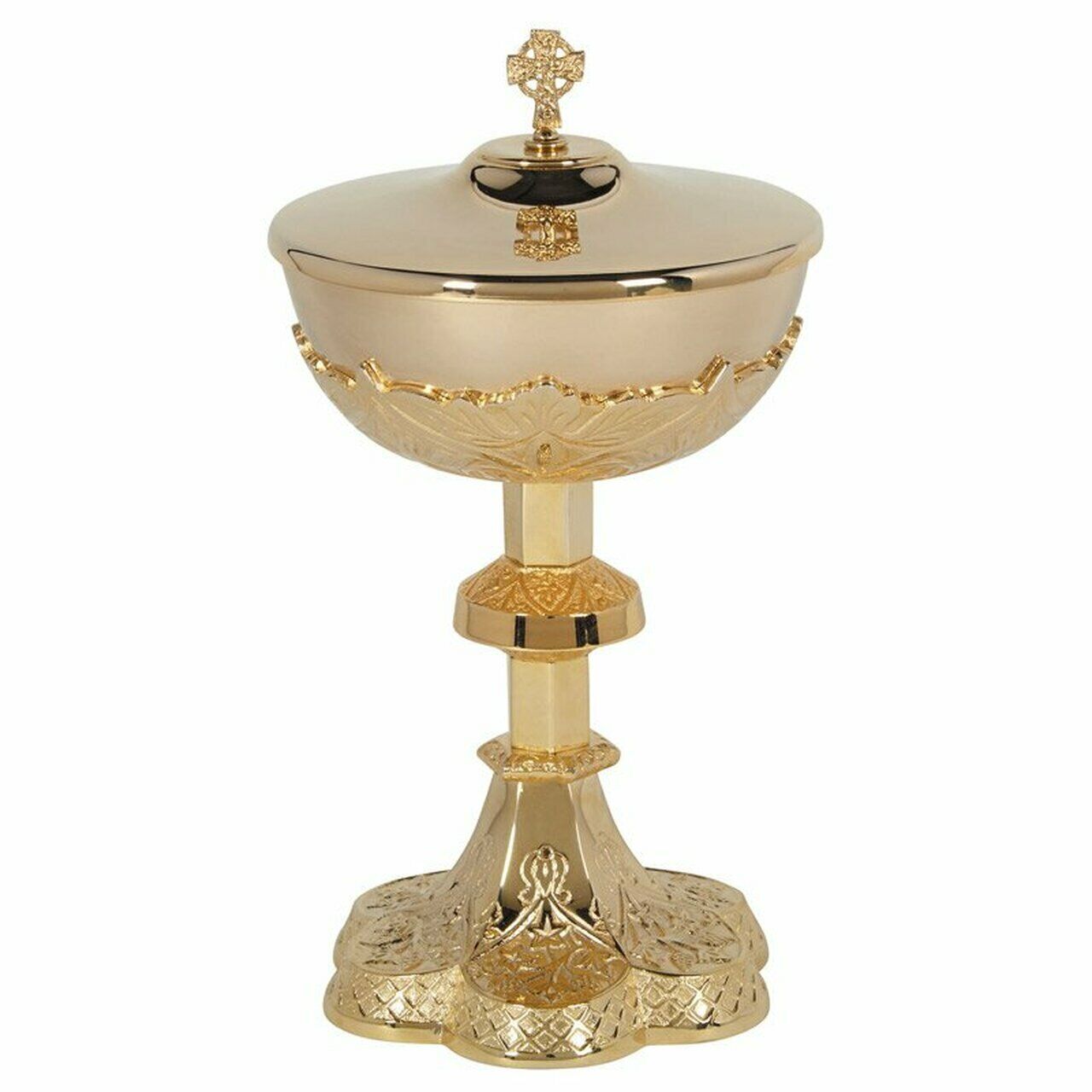 Embossed Vine Patterned Gold Plate Ornate Ciborium With Cross Cover Set, 11 In