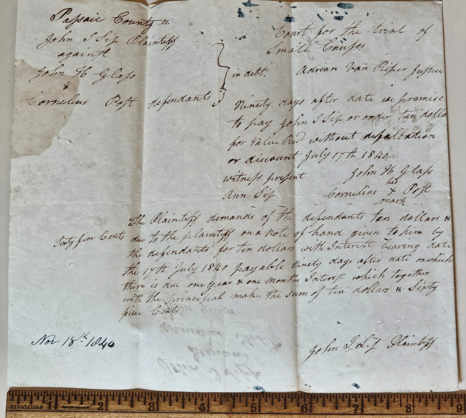1840 Passaic NJ Debt Note John I Sipp Glass Post Adrian Van Riper Justice