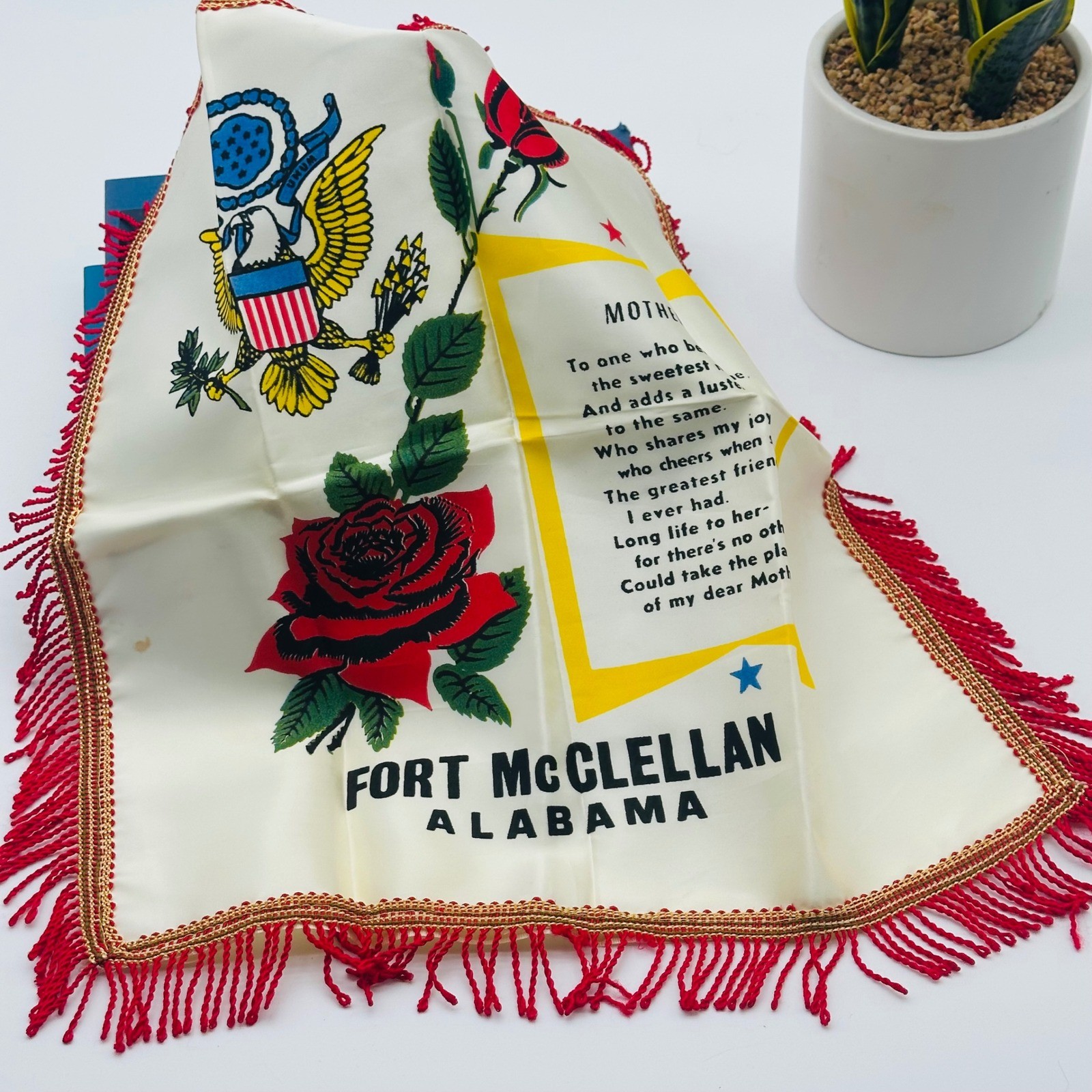 Vtg Fort McClellan Alabama Mother Souvenir Pillow Cover Red Fringe Rose Eagle