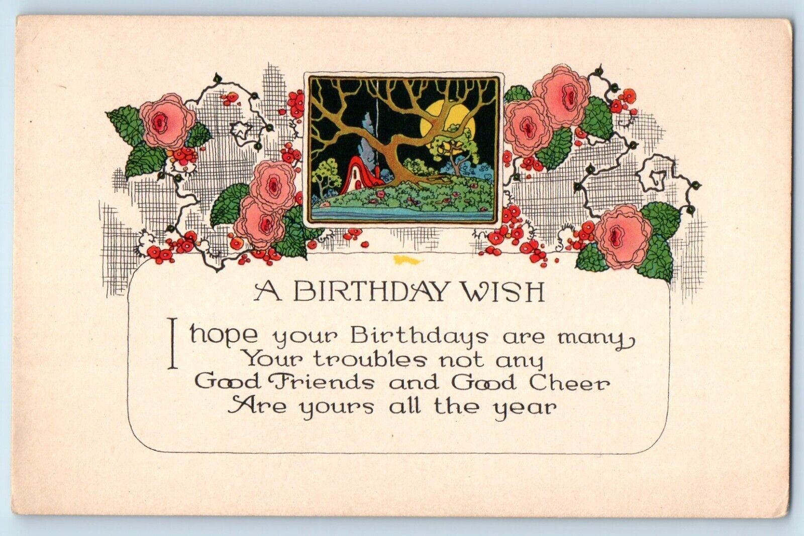 c1910's Birthday Wish Message Arts Crafts Flowers Antique Unposted Postcard c1910's Birthday Wish Message Arts Crafts Flowers Antique Unposted Postcard