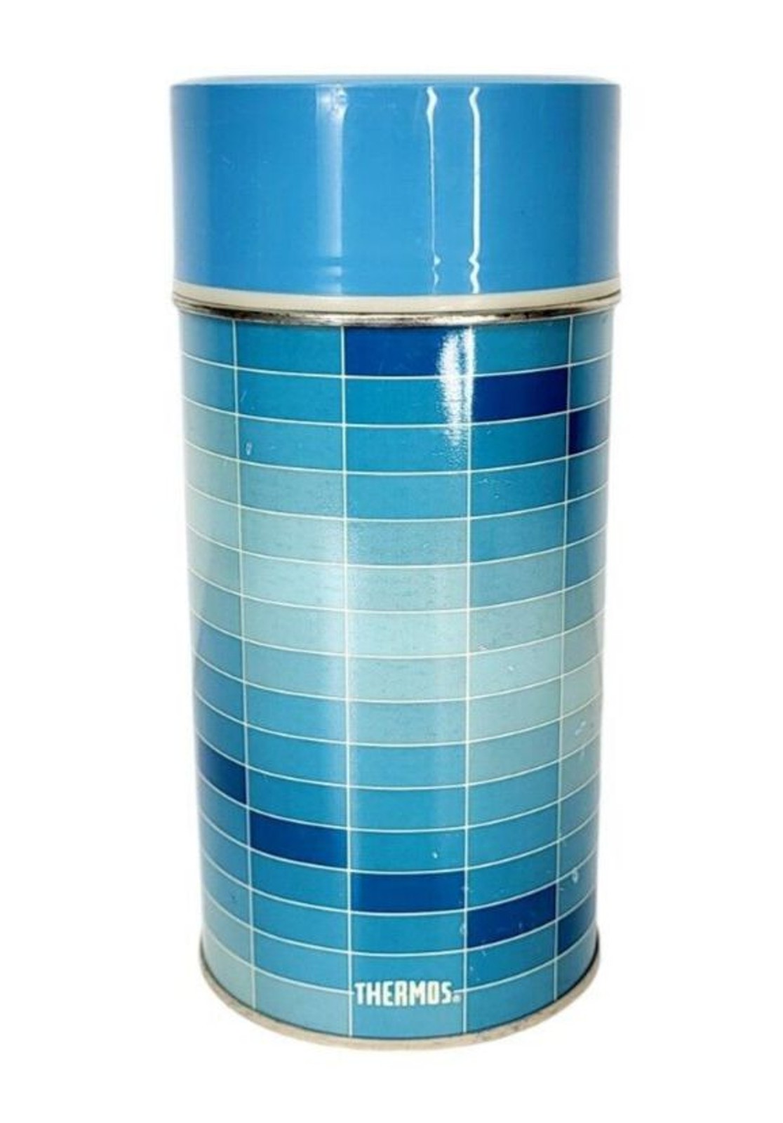 Vintage 70s Thermos King Seely Blue Check Pint Size Cup Stopper Metal Thermos