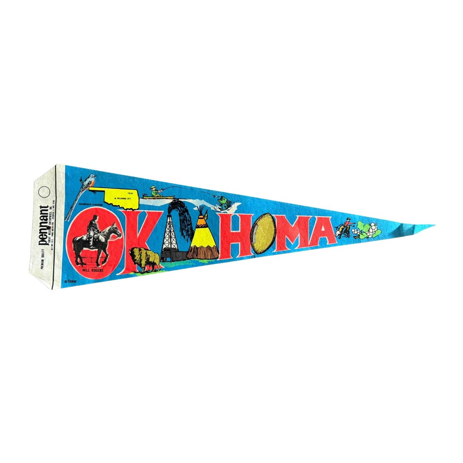 Vintage Oklahoma Souvenir Felt Pennant 26in Will Rogers Buffalo Teepee