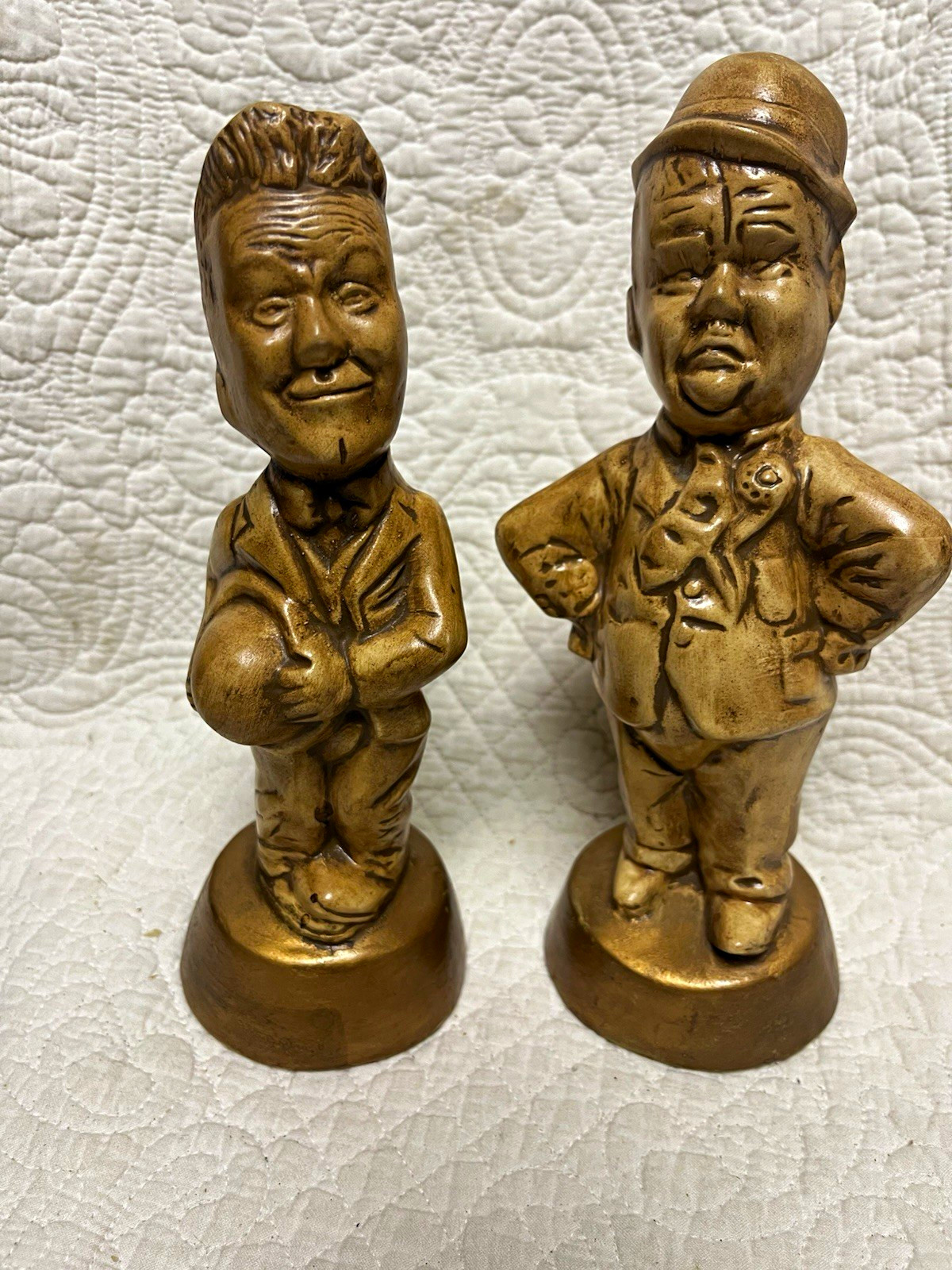 Vintage Laurel & Hardy Ceramic Figurines Set of 2 8in Gold Hand Painted Signed