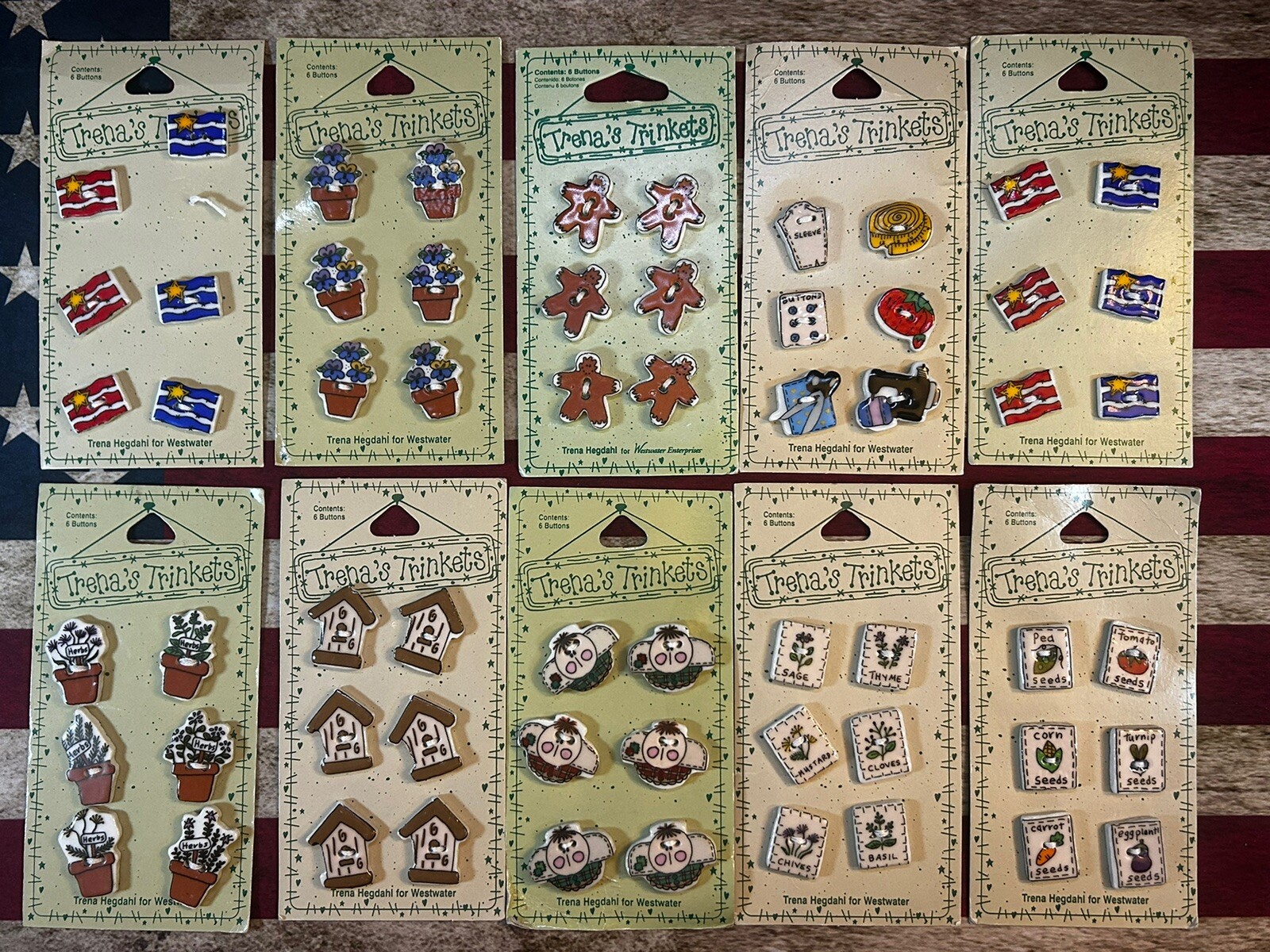 Vintage 1996 Trena\'s Trinkets Ceramic Buttons Lot Of 60 NOS Westwater LOOK