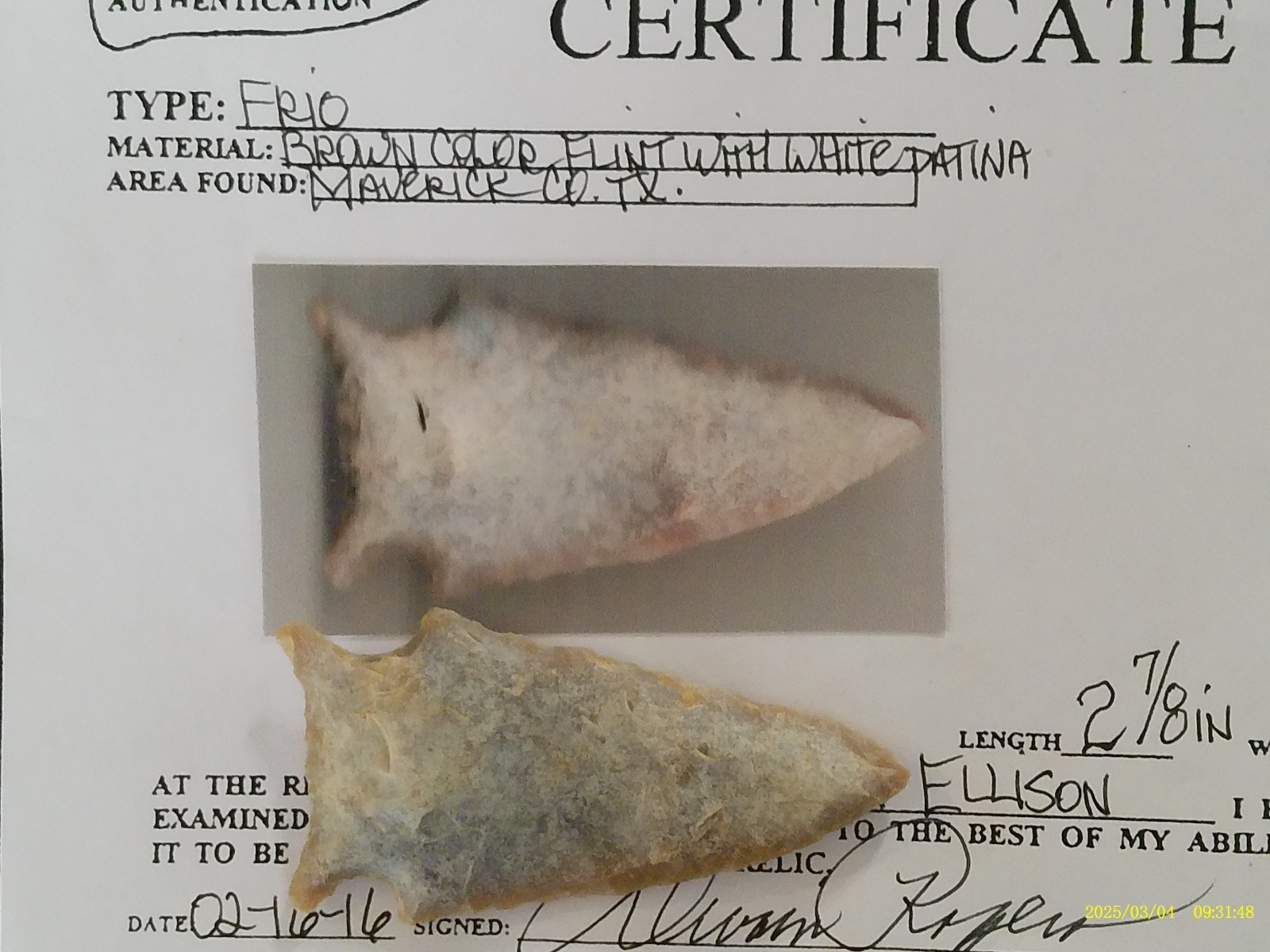 Papered Central Texas Frio Arrowhead Prehistoric Artifact *FREE SHIPPING PB26