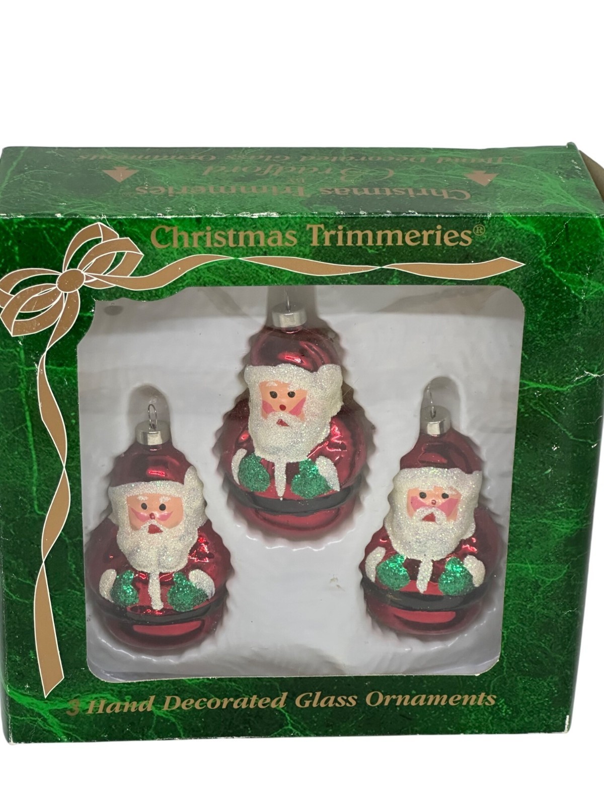 VTG Bradford Trimmeries Glass Santa Christmas Ornaments Set of 3 Box 3