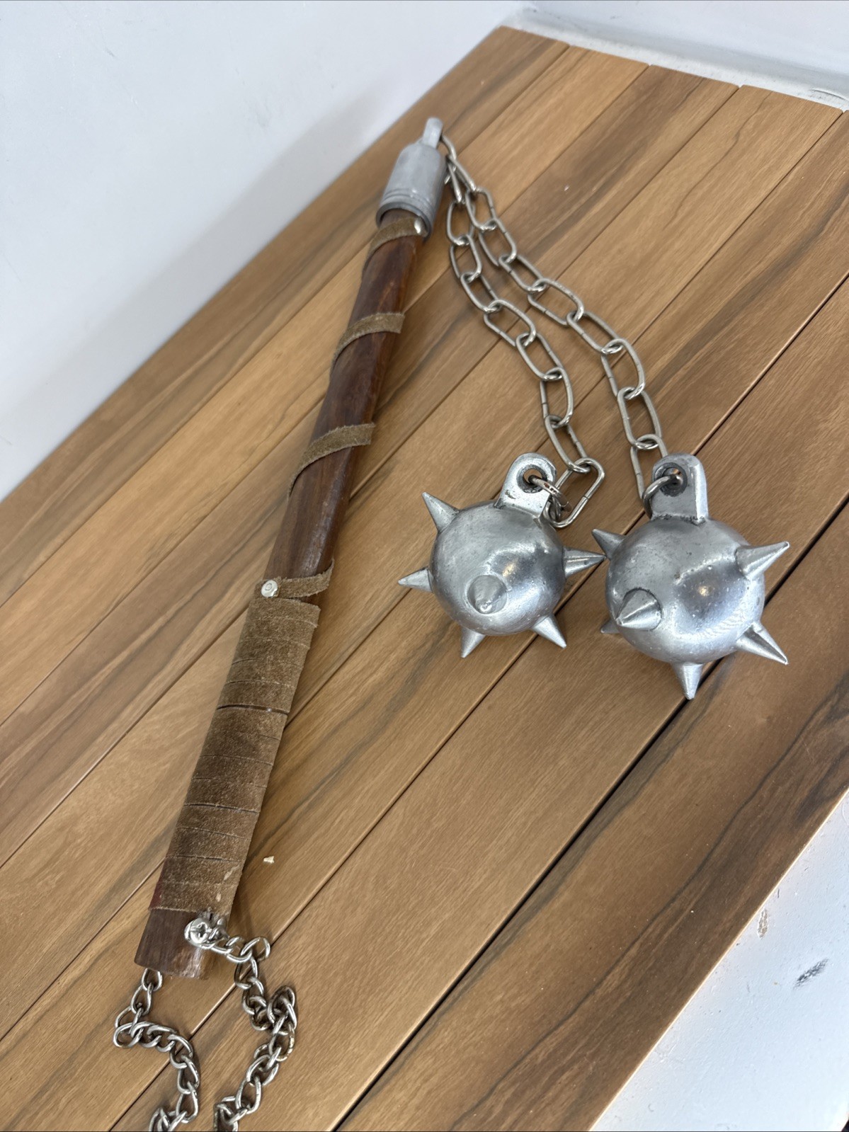 Medieval Decorative Metal Flail Brown & Silver Collectible Double Ball Chain