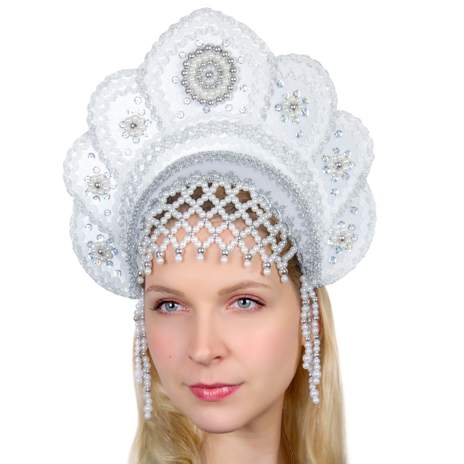 White Kokoshnik Traditional Russian Folk Costume Headdress Кокошник KIDS ADULTS