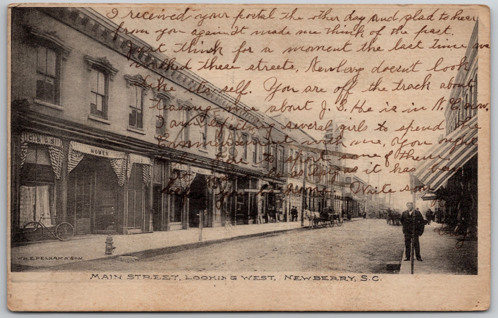 c1906 Postcard Newberry South Carolina SC Main Street Looking West Bicycle Horse c1906 Postcard Newberry South Carolina SC Main Street Looking West Bicycle Horse