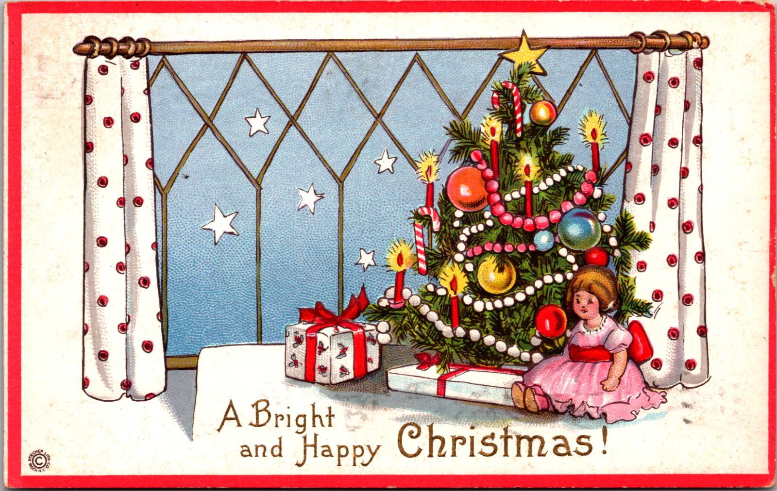 Postcard A Bright and Happy Christmas Lighted Tree Presents Doll Embossed 1917 Postcard A Bright and Happy Christmas Lighted Tree Presents Doll Embossed 1917