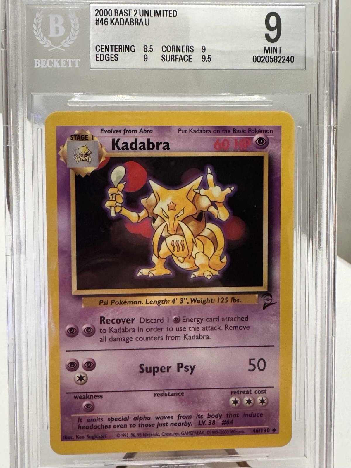 2000 Pokémon Base Set 2 Unlimited Kadabra 46/130 BGS 9 Mint English
