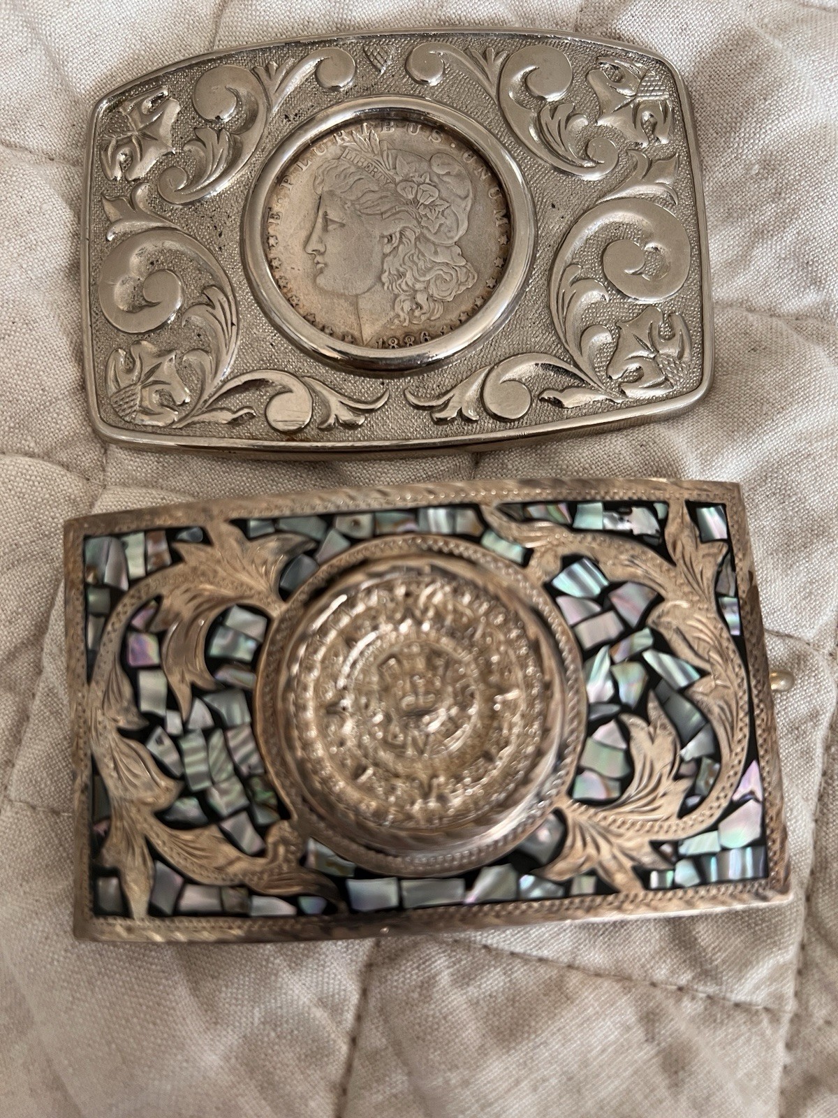 2- Vintage Belt Buckles- Morgan Dollar & Mexican 2- Vintage Belt Buckles- Morgan Dollar & Mexican