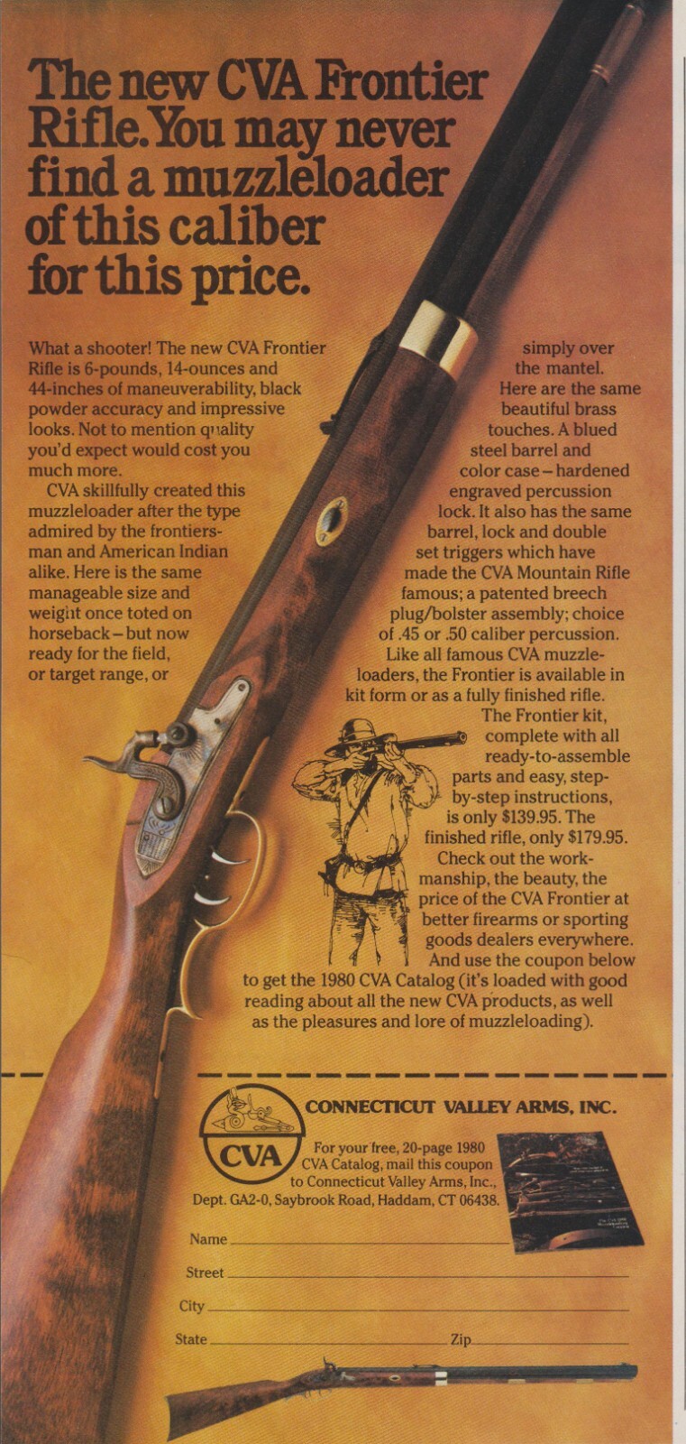 1980 CVA Connecticut Valley Arms - Frontier Muzzleloader Rifle - Print Ad Photo