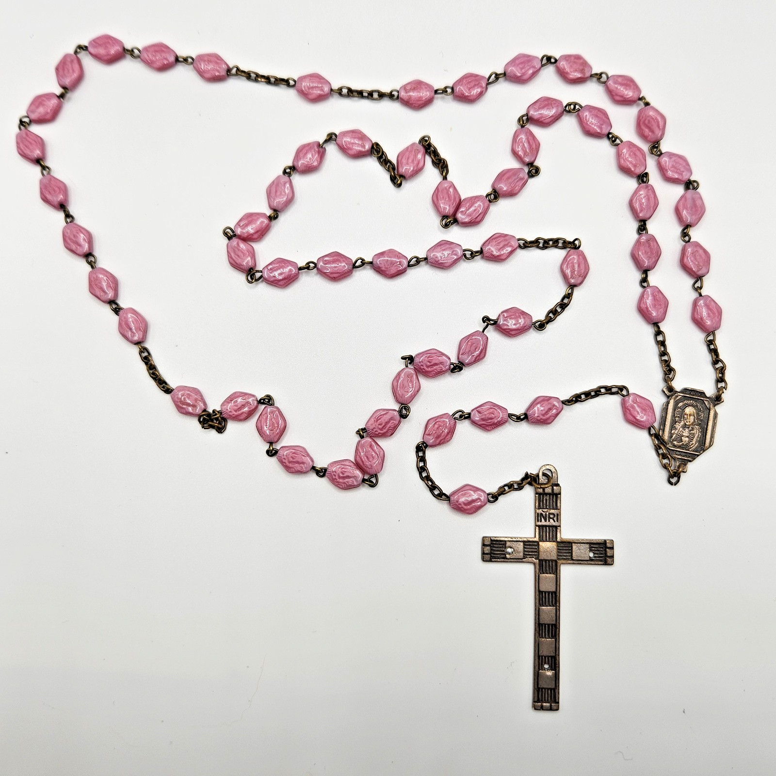 Vintage Czech Pink Glass Rosary Catholic Signed Czechoslovkia on Cross 22 Vintage Czech Pink Glass Rosary Catholic Signed Czechoslovkia on Cross 22
