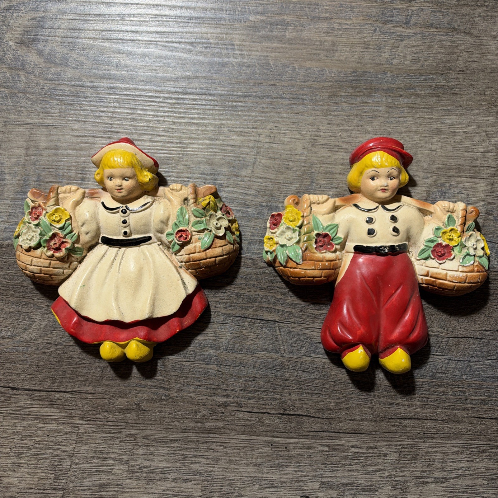 #456 Vintage Chalkware Wall Plaques Dutch Boy & Girl with Flower Baskets