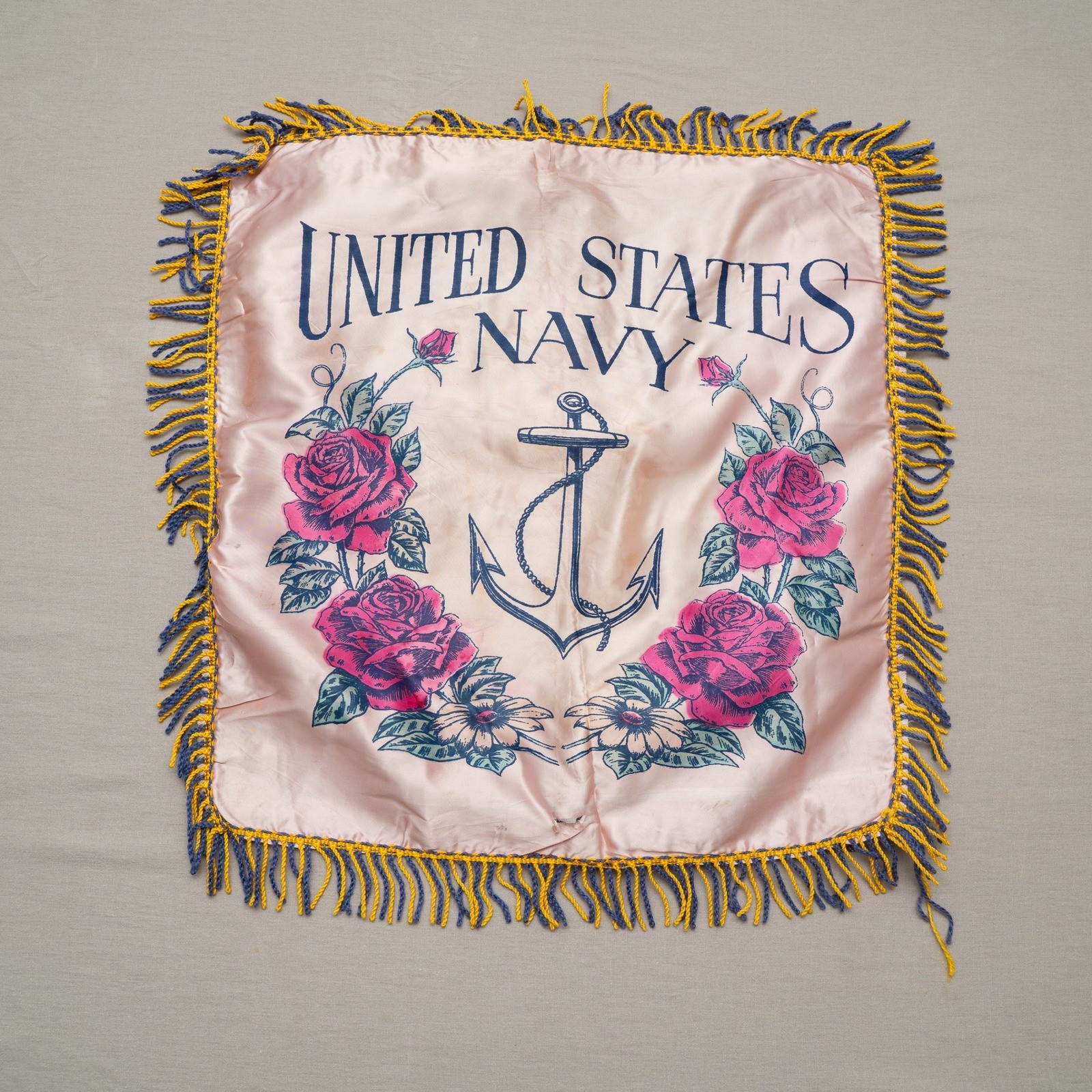 Vintage 1940s Souvenir United States Navy Silk Souvenir Pillow Case Sham