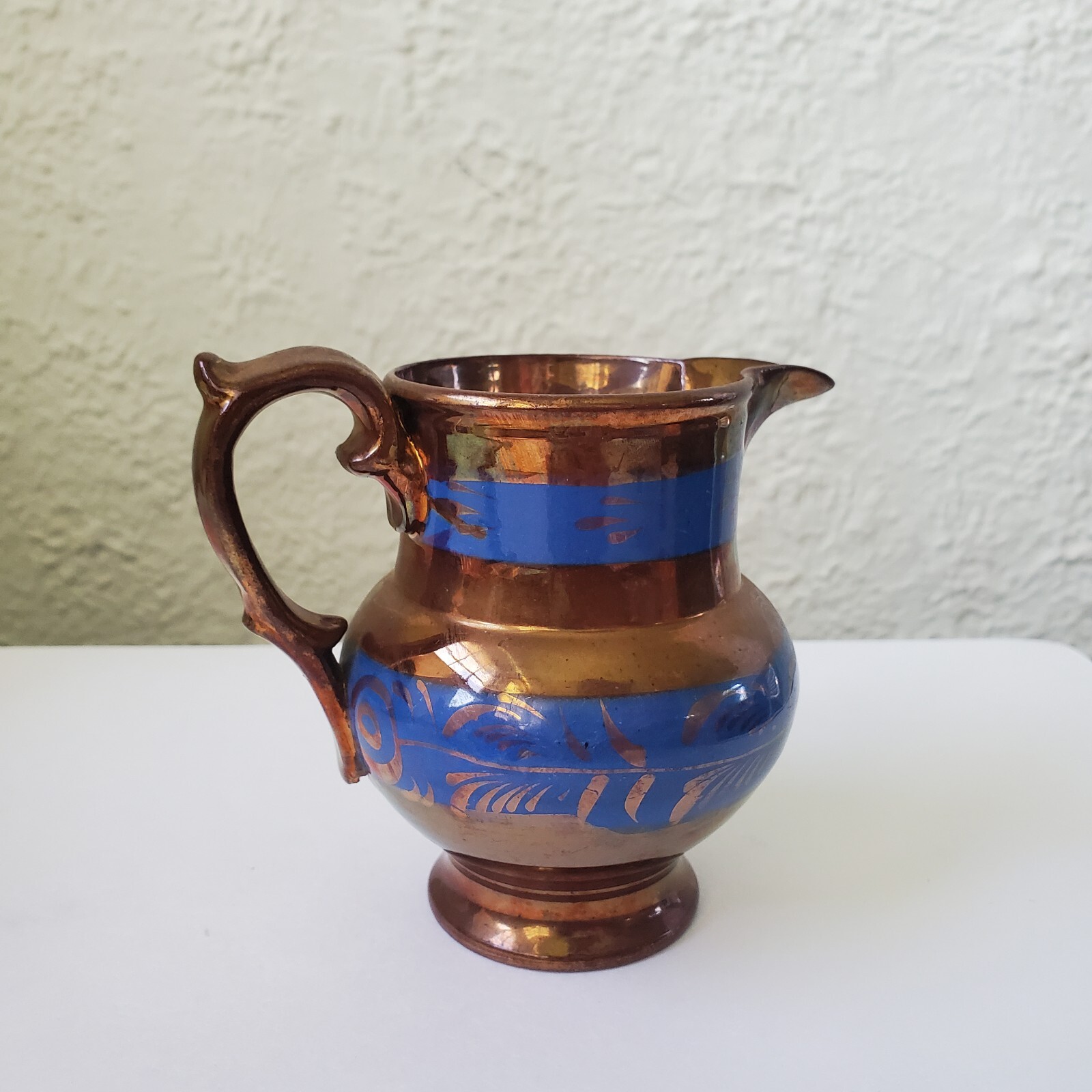 Antique Copper LustreWare Creamer blue paint design luster ware 4\