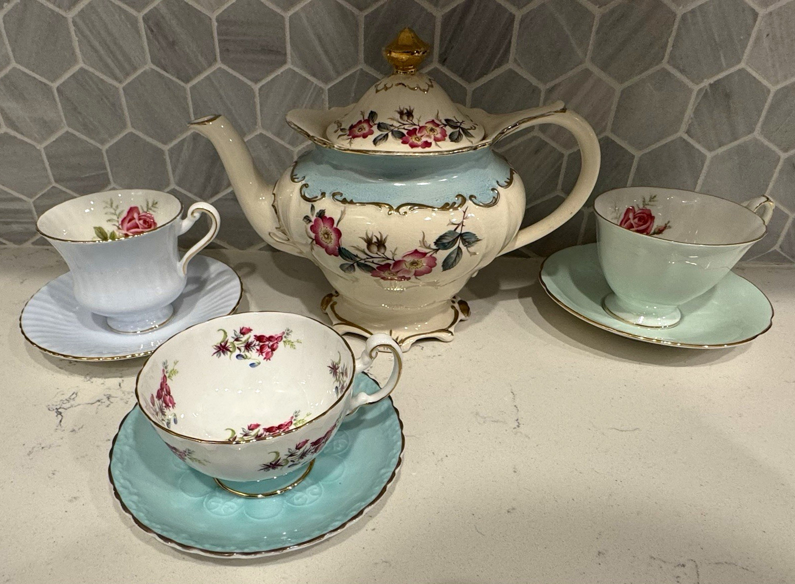 Vintage Sadler Teapot Paragon Harleigh Bone China Floral Tea Set England 7 Piece