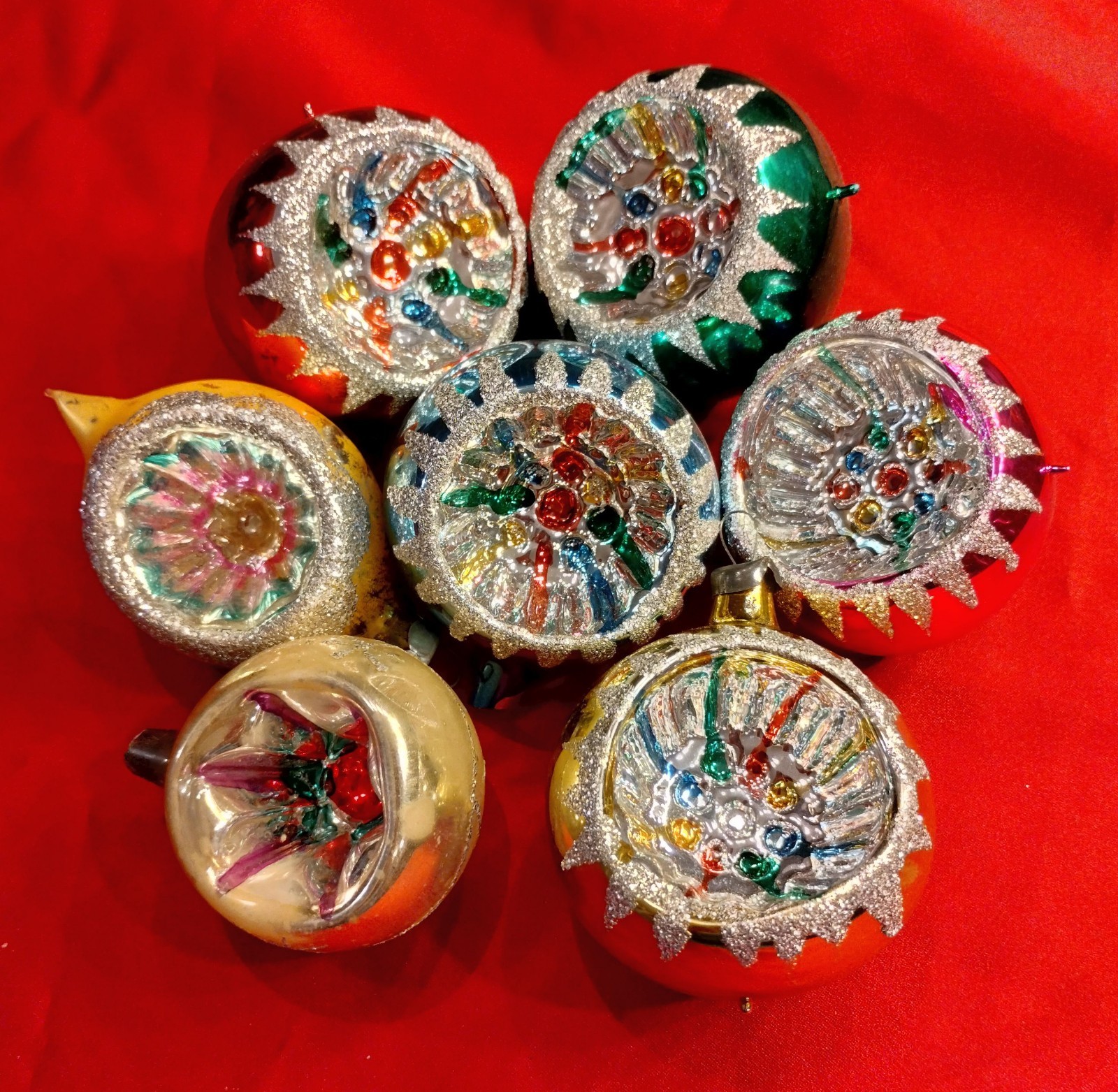 Lot of 7 Vintage Glass Indent Reflective Christmas Ornaments
