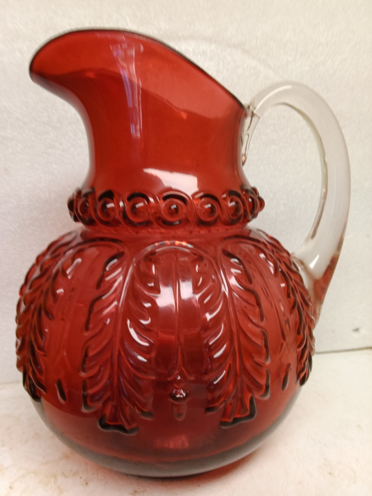 BEAUTIFUL VICTORIAN NORTHWOOD CRANBERRY LEAF UMBRELLA BLOWN PITCHER 1890'S BEAUTIFUL VICTORIAN NORTHWOOD CRANBERRY LEAF UMBRELLA BLOWN PITCHER 1890'S