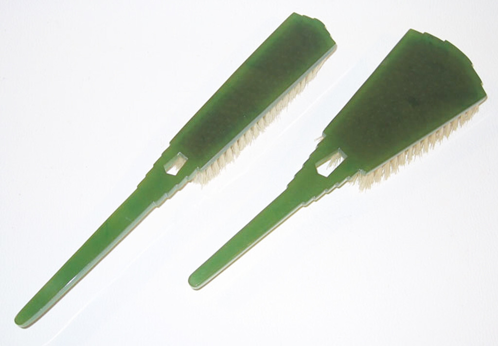 Vintage Set Green Agalin Bakelite Hair and Clothing brush, 1920s