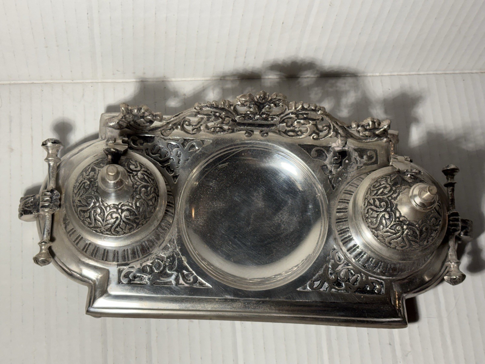 EPNS Silver Plate Double Inkwell Desk Stand Lacquered Center Pen Tray India
