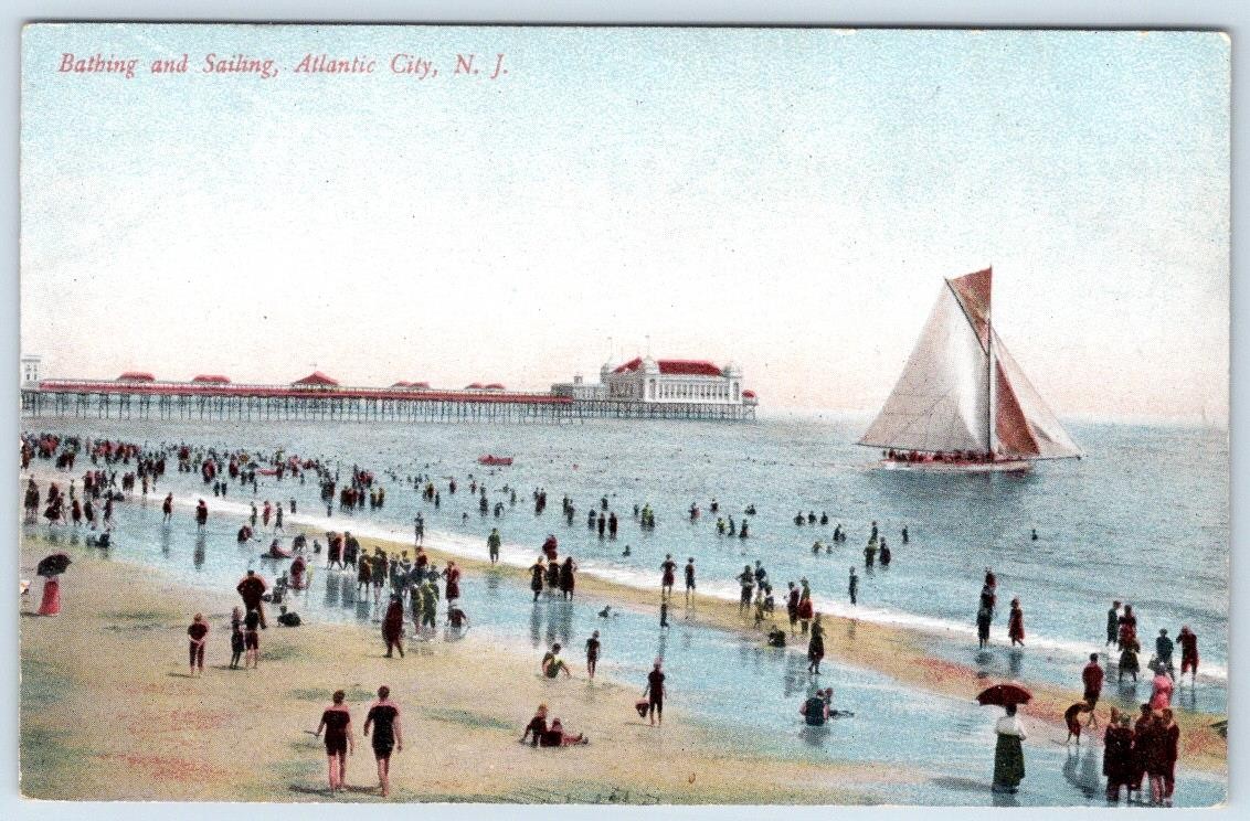 1907-10's BATHING and SAILING ATLANTIC CITY NJ ANTIQUE ROSIN CO POSTCARD