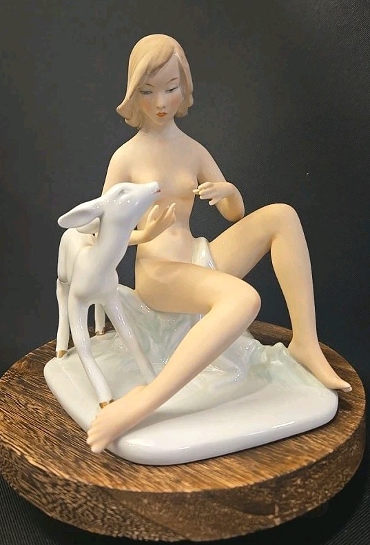 Wallendorf German Porcelain Nude Woman With Deer Steiner Figure Paper Sticker