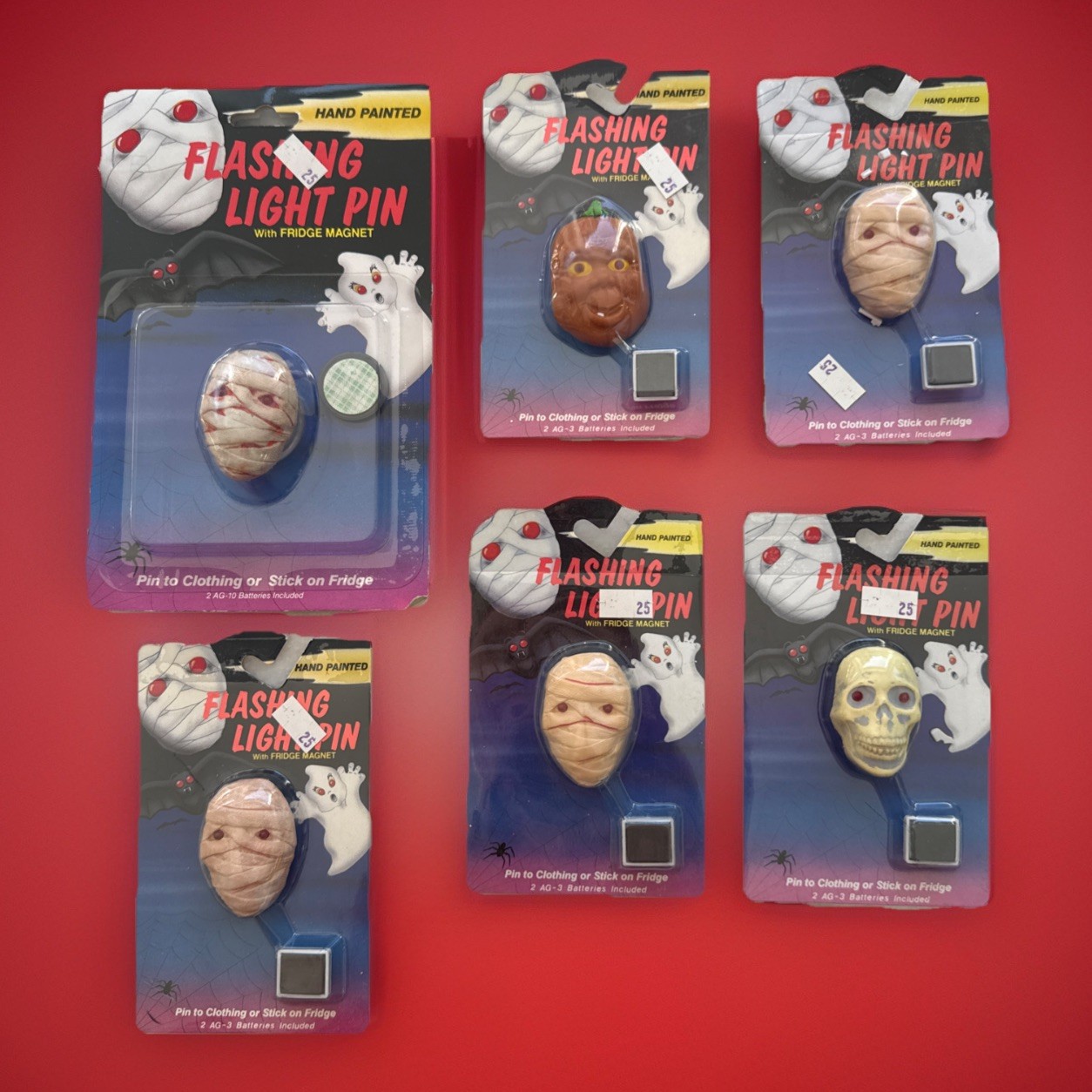 Lot Of 6 1980’s 90’s Halloween Flashing Light Pins 1 Skull  4  Mummy’s 1 Pumpkin