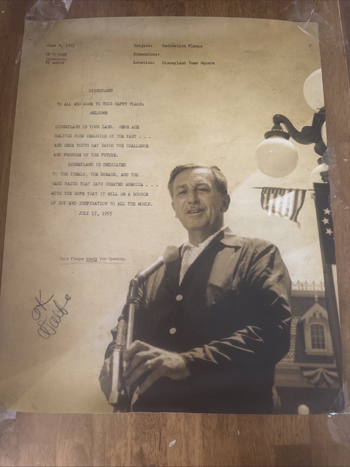 Disneyland dedication plaque speech Poster w/ Walt Signature Disneyland dedication plaque speech Poster w/ Walt Signature