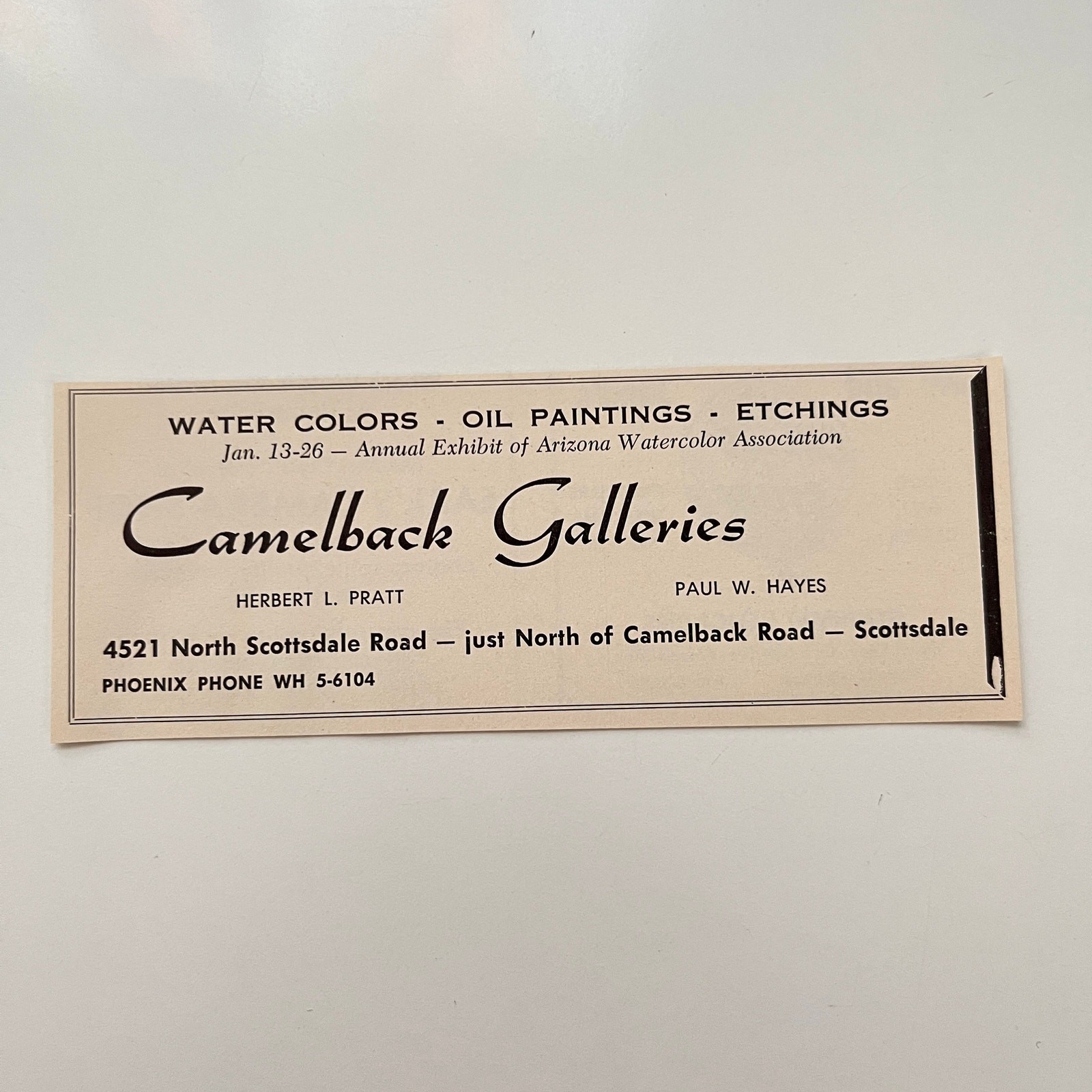 Camelback Galleries Herbert L. Pratt Paul W. Hayes Phoenix 1963 AZ Ad SAK3-M18
