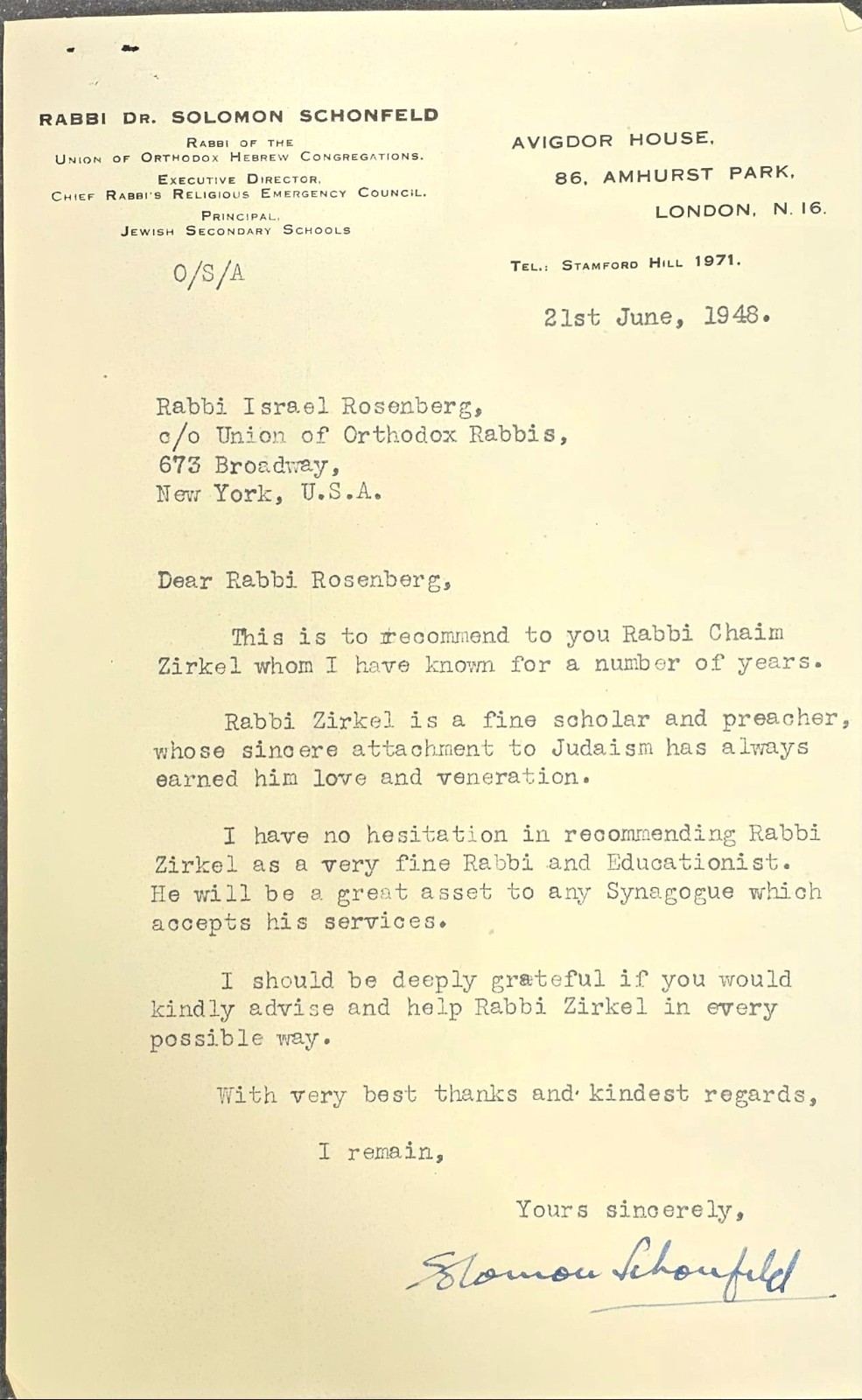 Rabbi Dr. Solomon Schonfeld Signed Letter to Rabbi Israel Rosenberg 1948 Rabbi Dr. Solomon Schonfeld Signed Letter to Rabbi Israel Rosenberg 1948