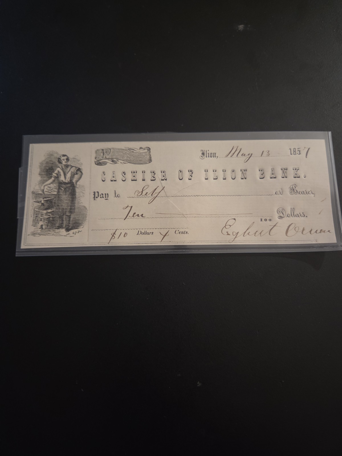 1857 CHECK FROM CASHIER OF ILION BANK, ILION , NY 1857 CHECK FROM CASHIER OF ILION BANK, ILION , NY