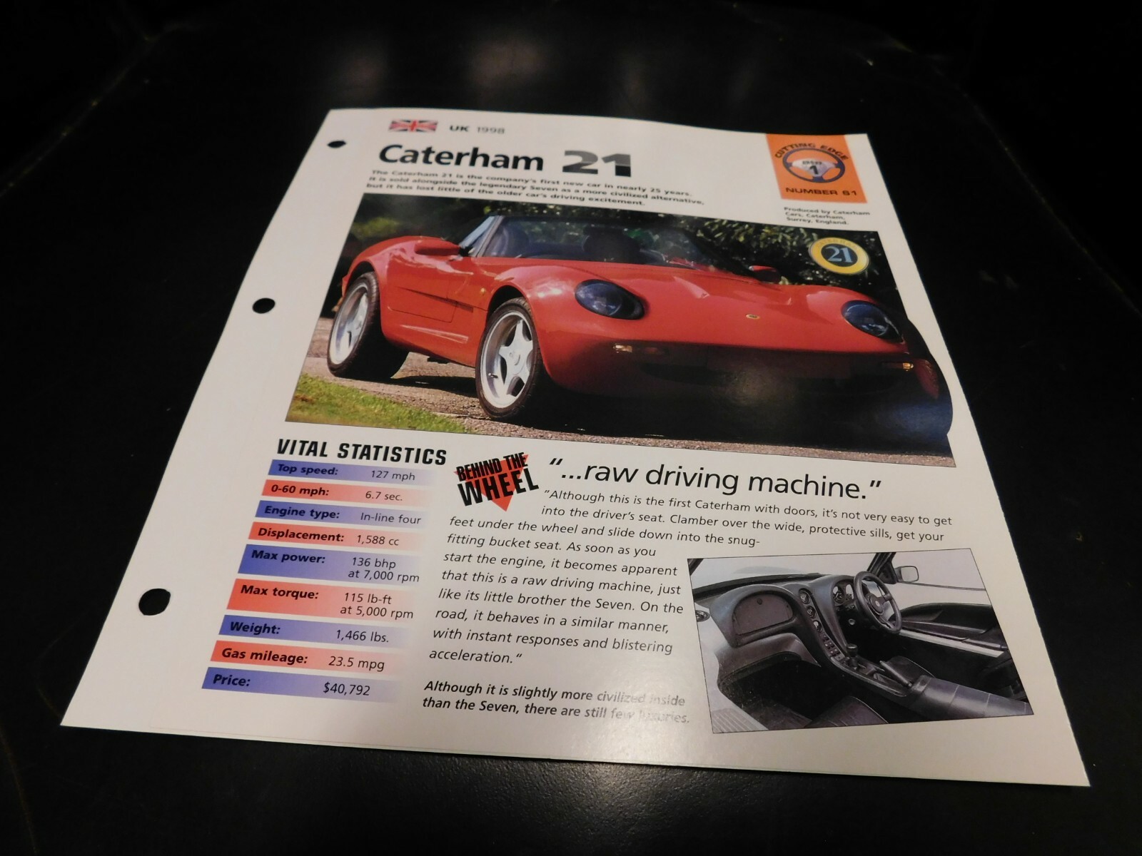 1998 Caterham 21 Spec Sheet Brochure Photo Poster 