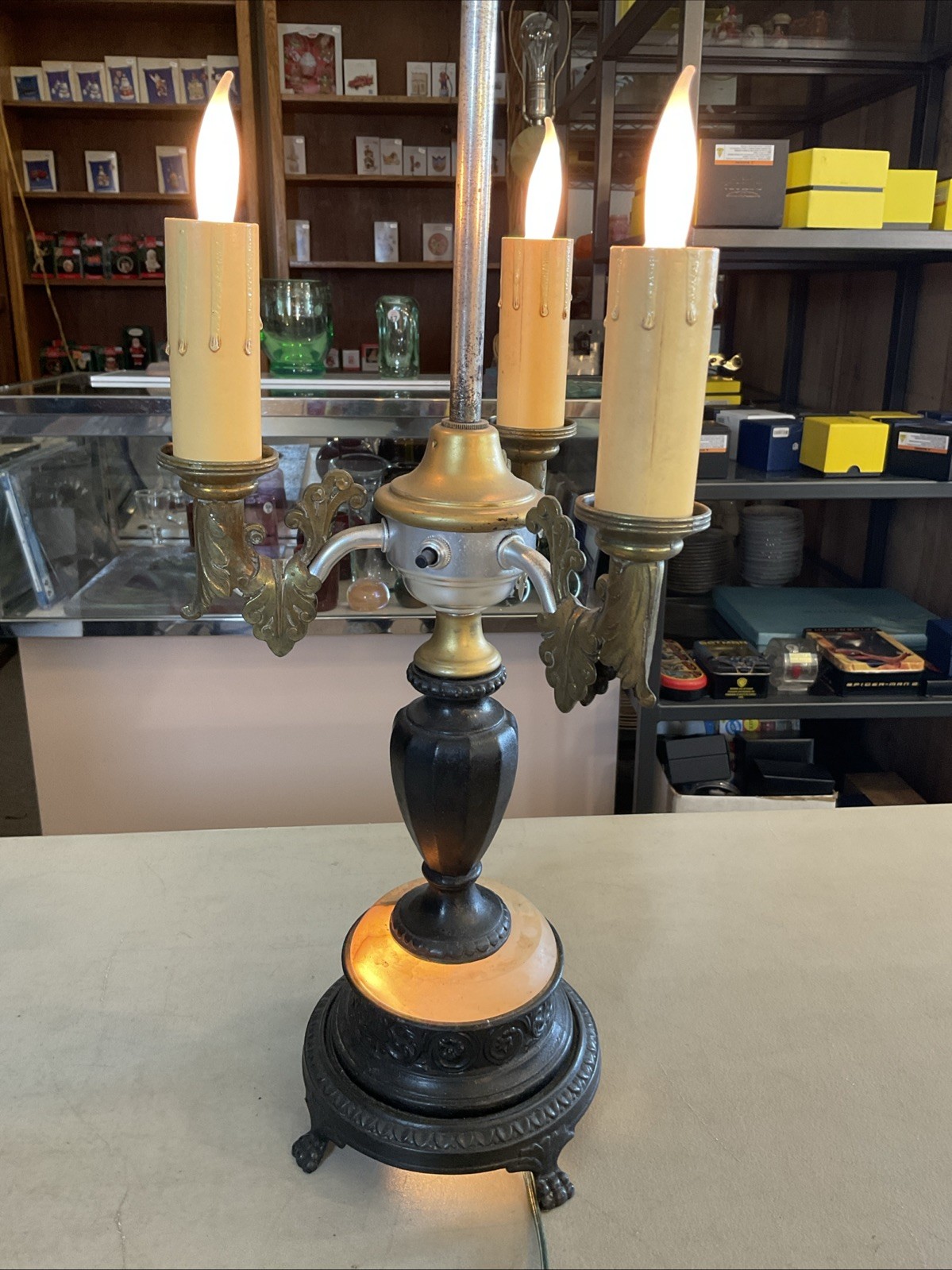 Works Vintage Antique Brass Marble Bouillette 3 Arm Candlestick Table Lamp