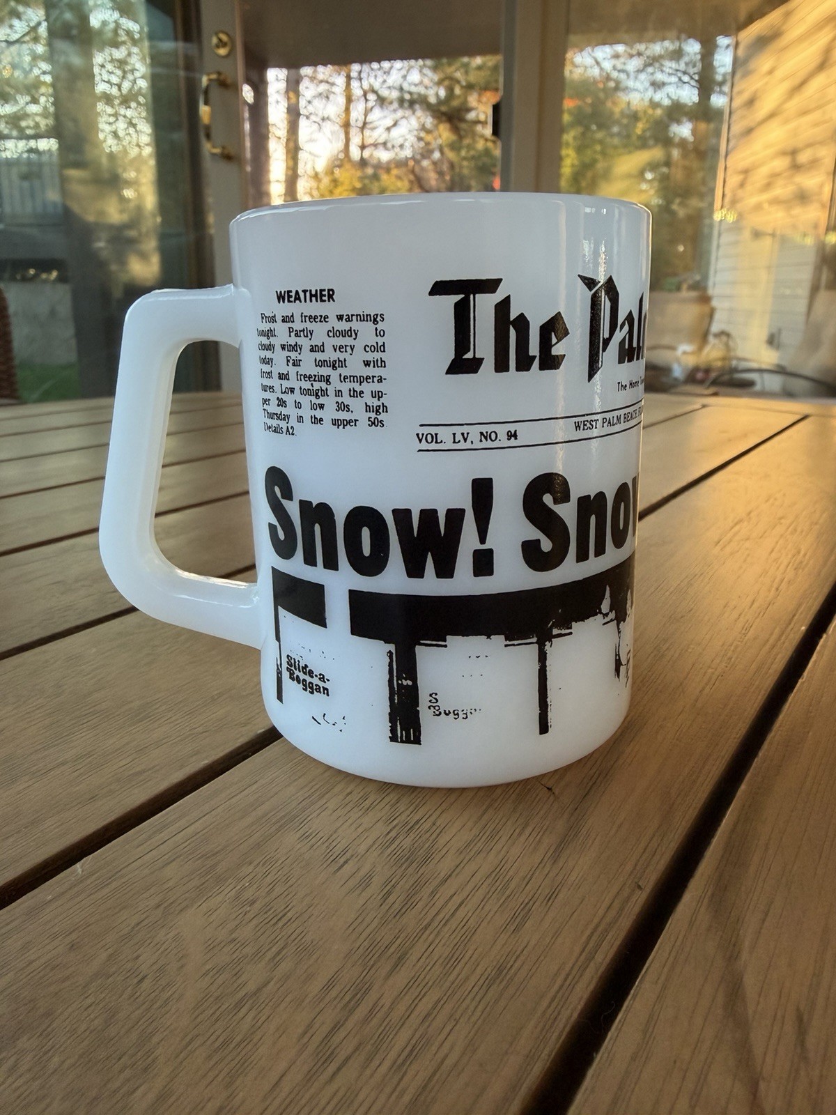 Vintage 70s Federal Milk Glass Mug Newsprint Ad Palm Beach Times Snow Vintage 70s Federal Milk Glass Mug Newsprint Ad Palm Beach Times Snow