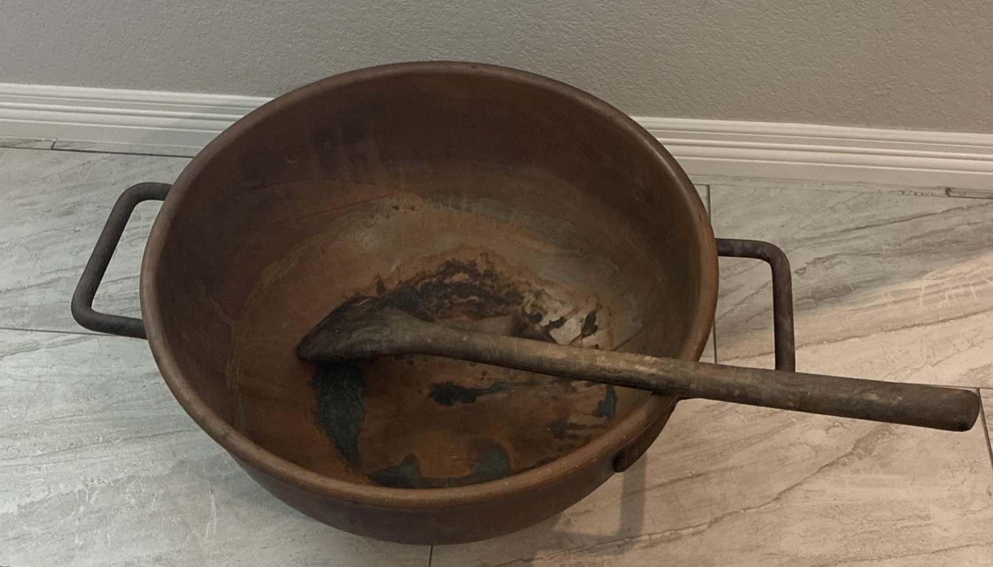 Massive Antique 22” Copper Candy Kettle Set w/ Primitive Stirring Paddle