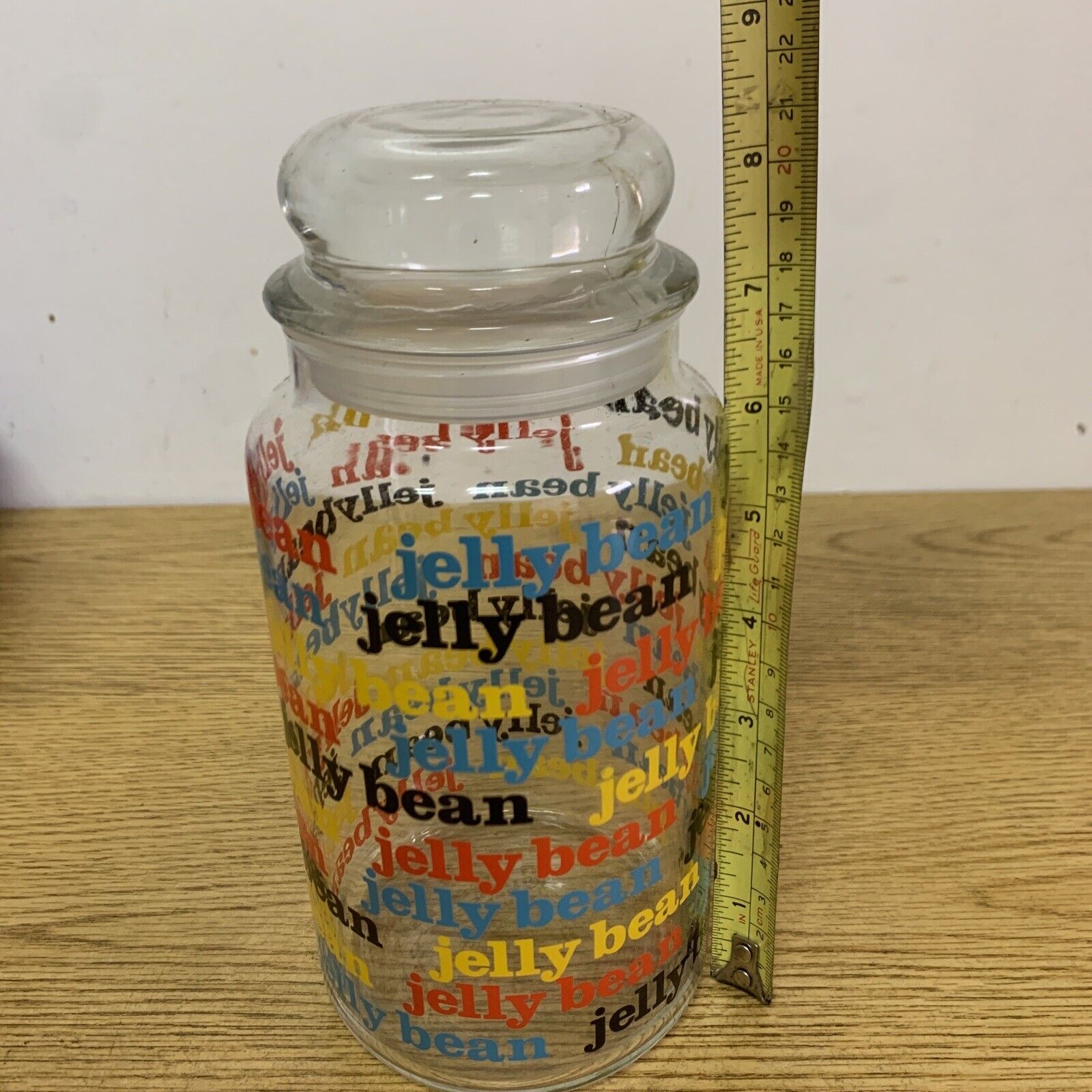 Vintage 1980s Glass Candy Jar Jelly Bean Graphics Container Pristine 36oz