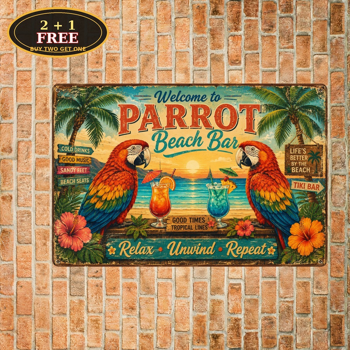 Tropical Island Parrot Margaritaville Beach Cocktail Bar Metal Sign 8x12