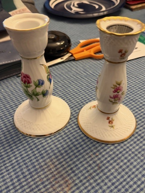 Pair of Vintage Hollohaza Hungary Porcelain Candlestick with Floral Design Pair of Vintage Hollohaza Hungary Porcelain Candlestick with Floral Design