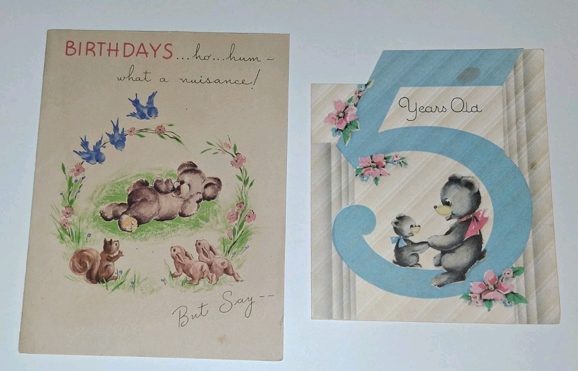 Vintage Teddy Bear Birthday Cards 1930s 40s Rabbit Squirrel Bluebird Golden Bell