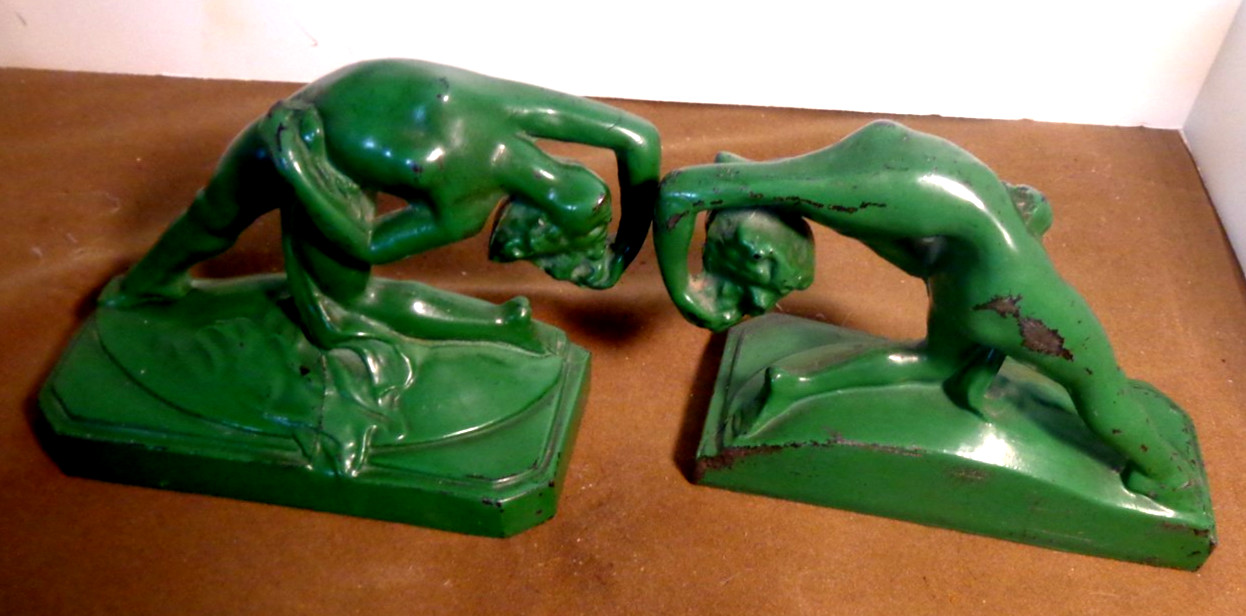 Art Deco Frankart-Style Green Metal Bookends - Dancing Nude Women Art Deco Frankart-Style Green Metal Bookends - Dancing Nude Women