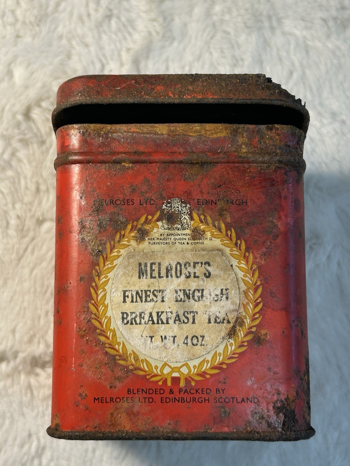 Vintage Melroses Tea Tin Red 4oz Finest English Breakfast Edinburgh Scotland Box