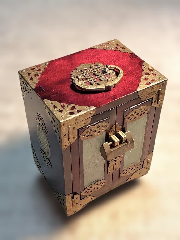 Vintage Chinese Shanghai Hime Tansu Jewelry Box Karin Wood Jade Inlay Metalwork