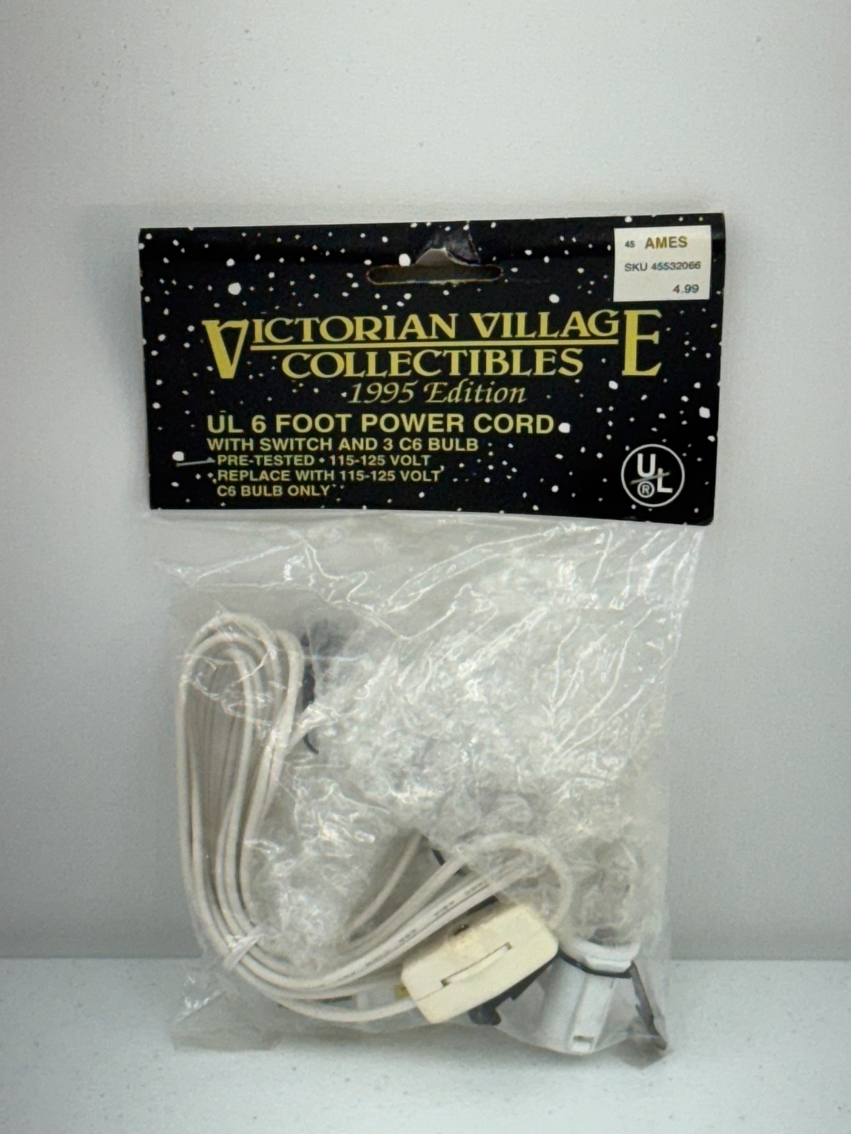 VICTORIAN VILLAGE COLLECTIBLES 1995 EDITION UL 6’ POWER CORD W/SWITCH AND BULB