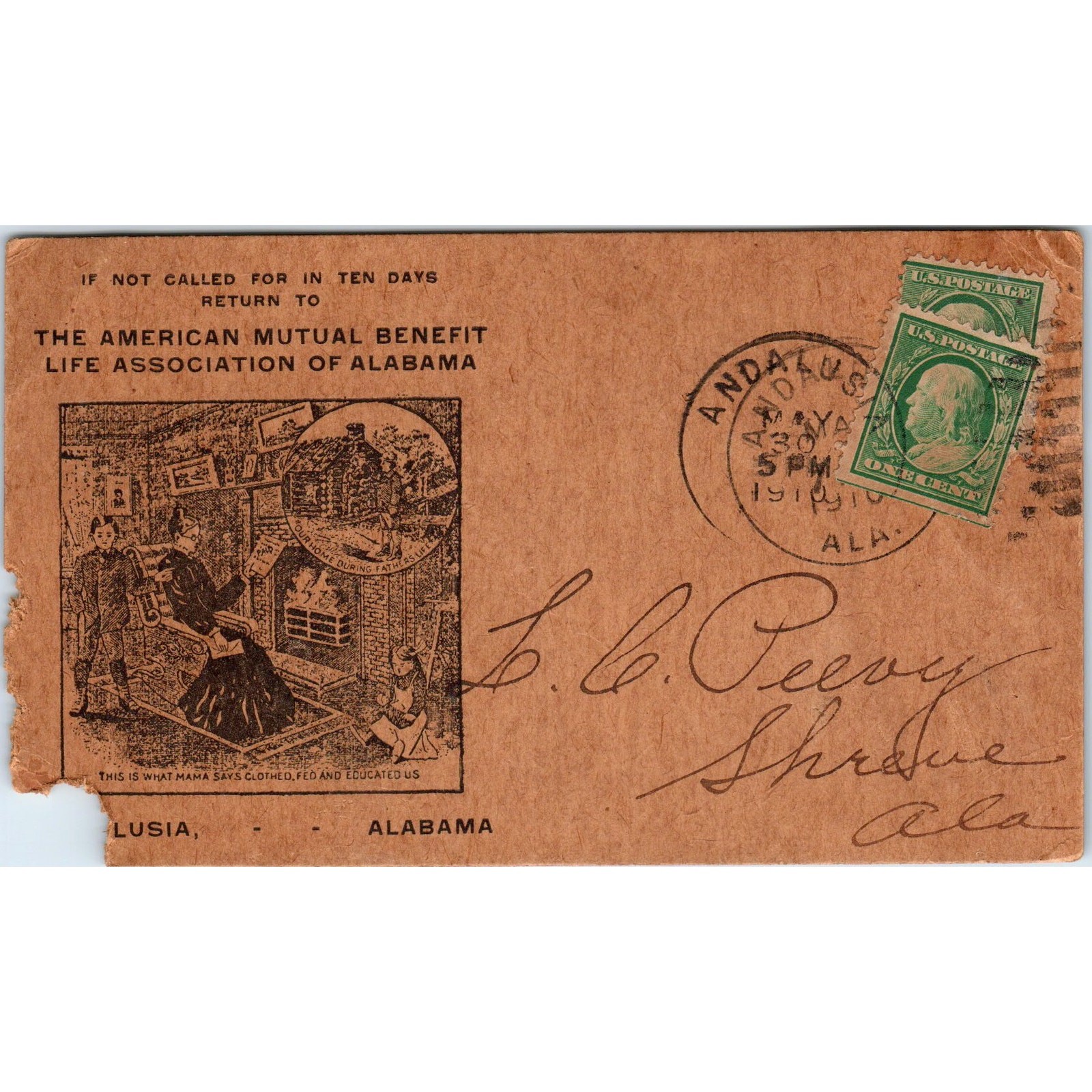 1910 Mutual Benefit Life Association of Alabama Postcard L.C. Peavy Shreve AD6-2
