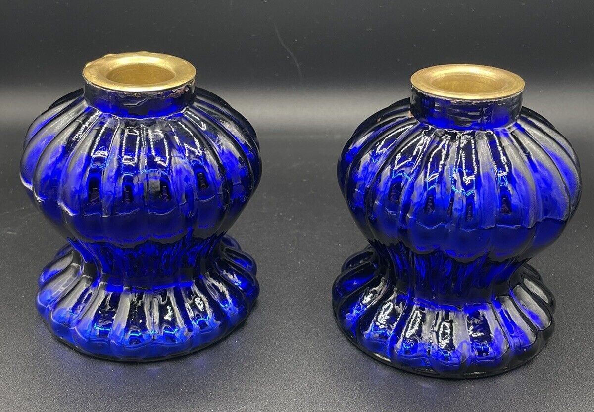 Pair Vintage Glass Melon Ribbed Cobalt Blue Candlesticks Candle Holders