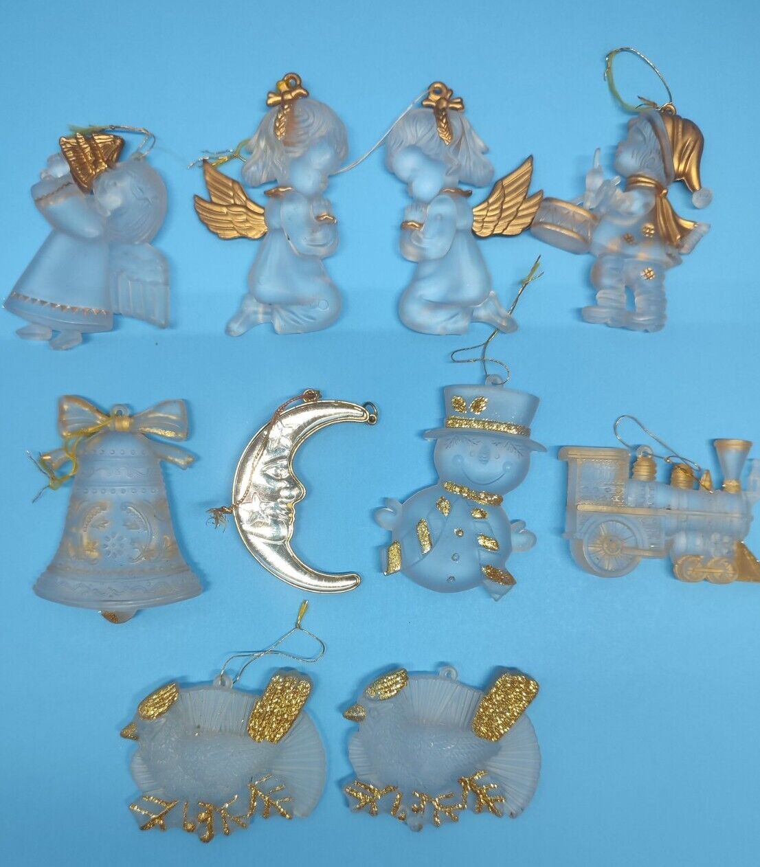 Vintage Frosted Acrylic gold trimmed Christmas Tree Ornaments, Lot Of 9+ 1 Moon
