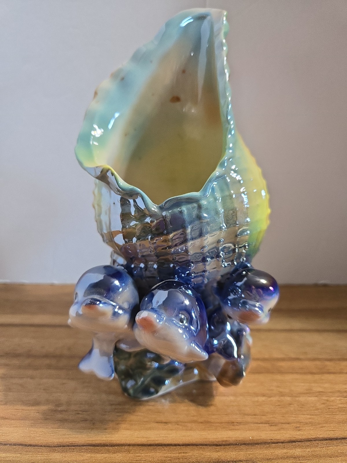 Vintage Iridescent Lusterware Ceramic Sea Shell Vase/Planter W/Dolphins